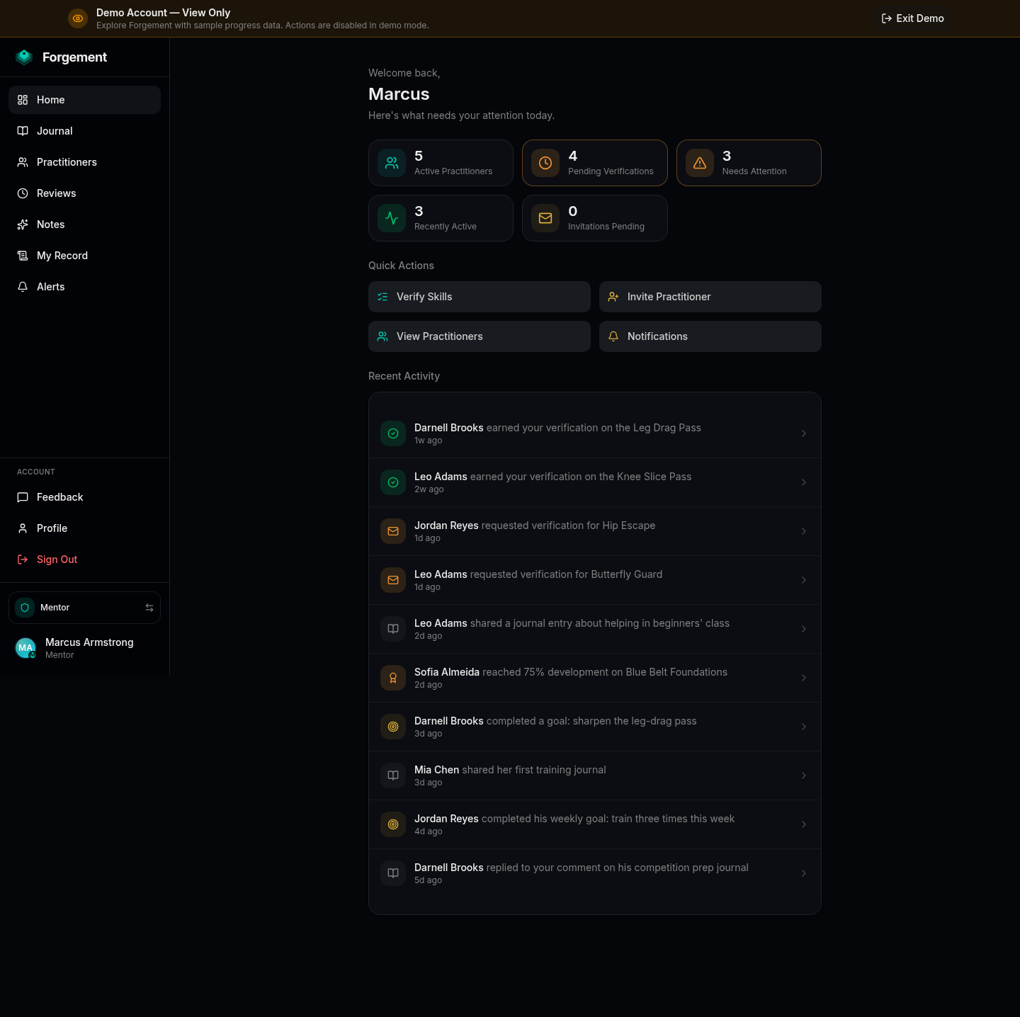 Forgement mentor dashboard with active practitioners, pending verifications, and a recent activity feed