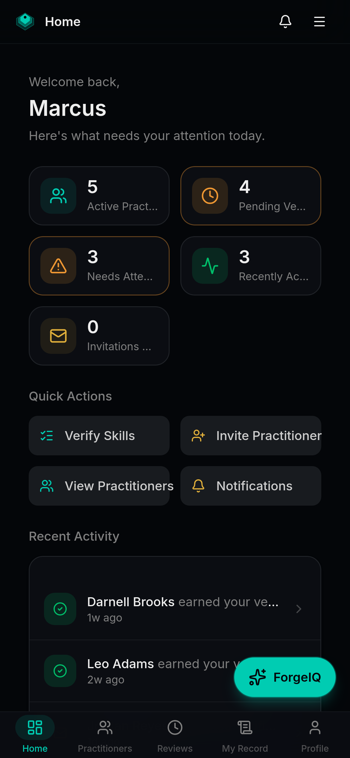 Forgement mentor dashboard with active practitioners, pending verifications, and a recent activity feed