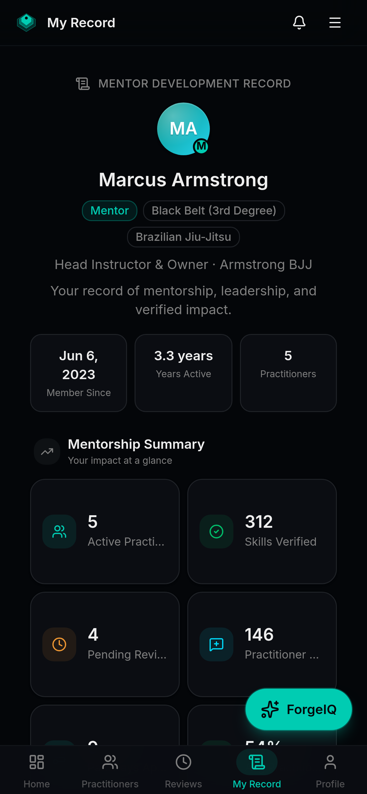 Forgement mentor Development Record showing practitioners mentored, skills verified, and coaching impact over time