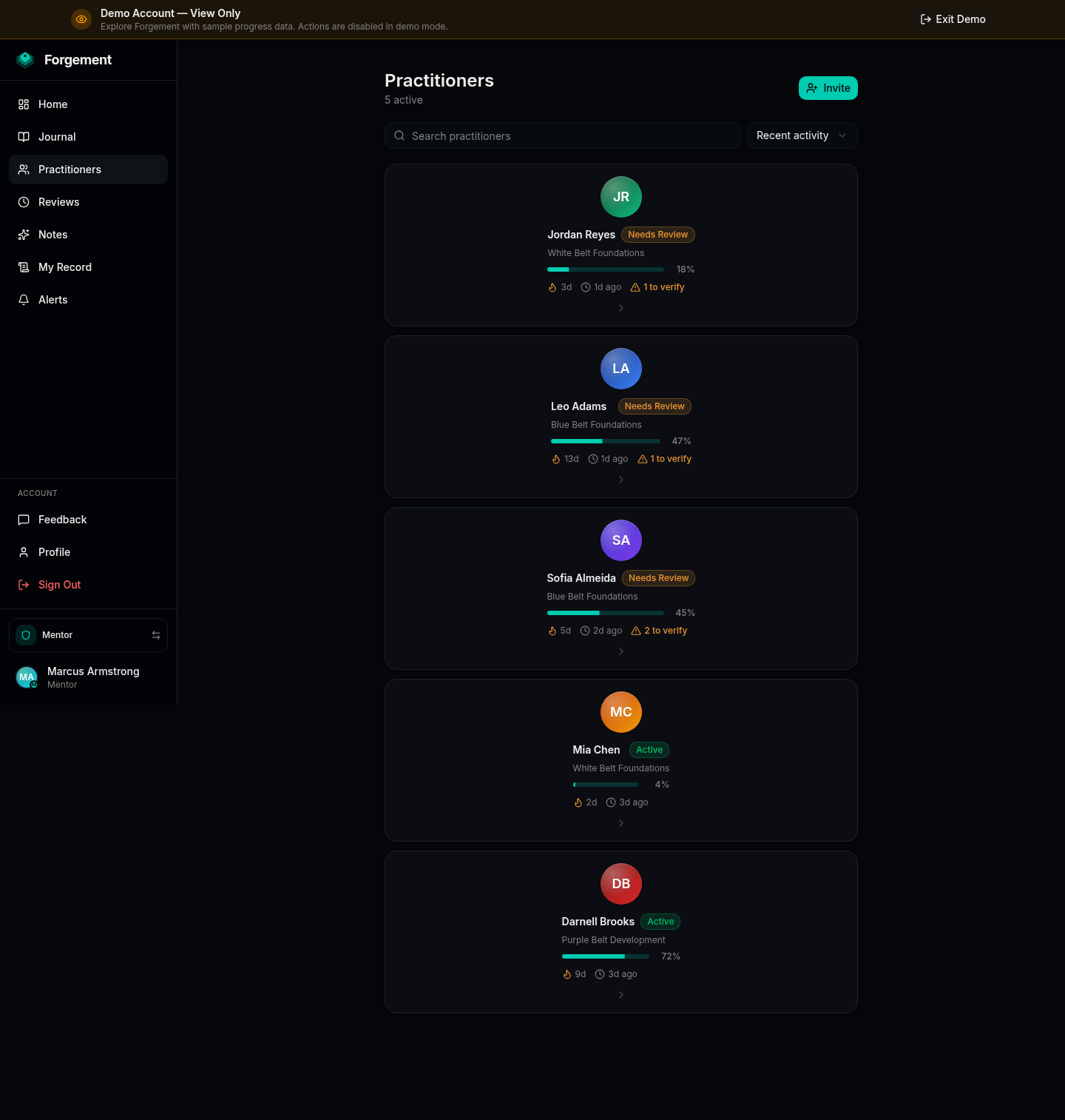 Forgement practitioner roster showing each student's pathway, progress, streak, and review flags