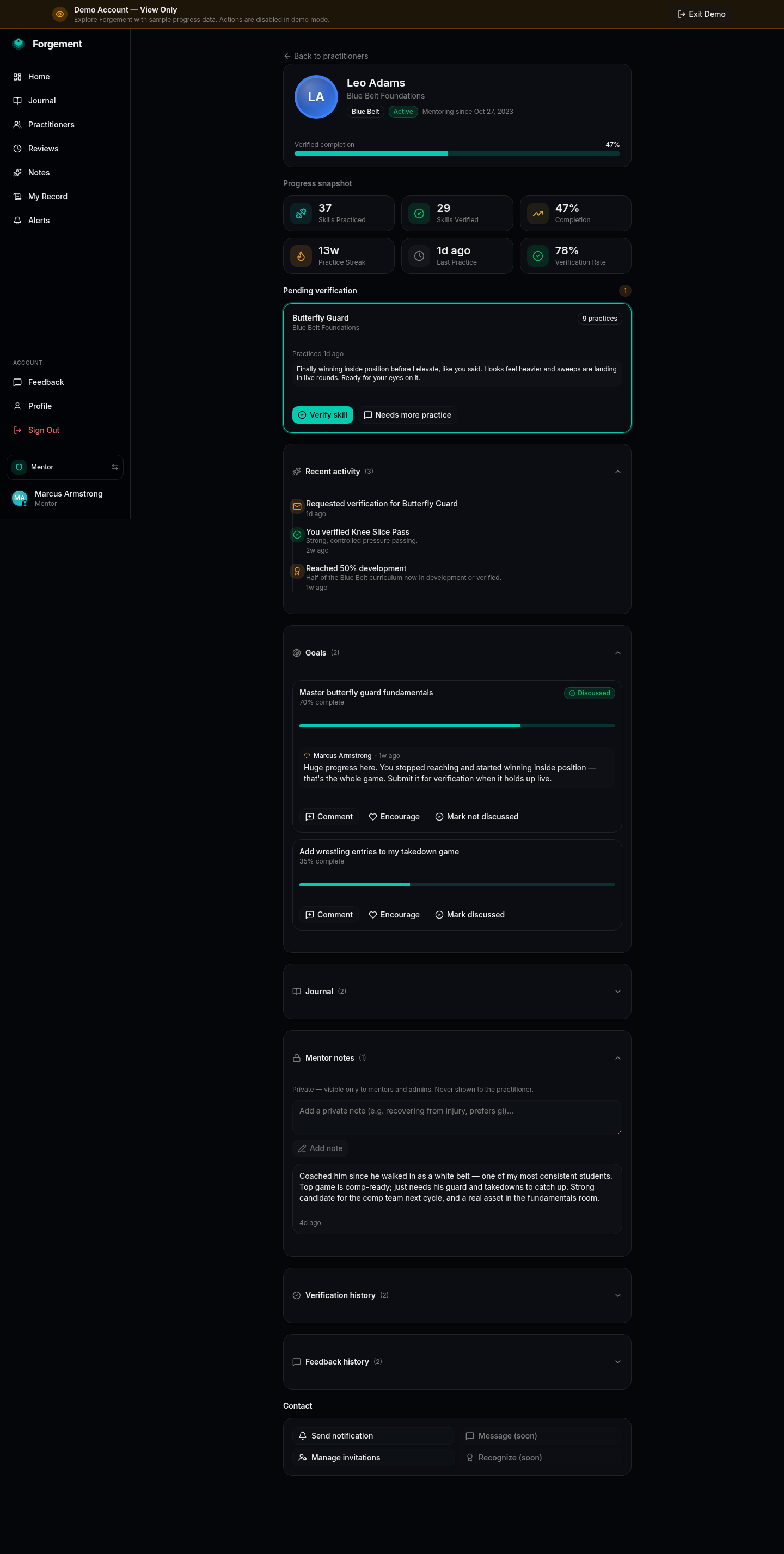 Forgement skill verification view with a progress snapshot and verify or needs-more-practice actions