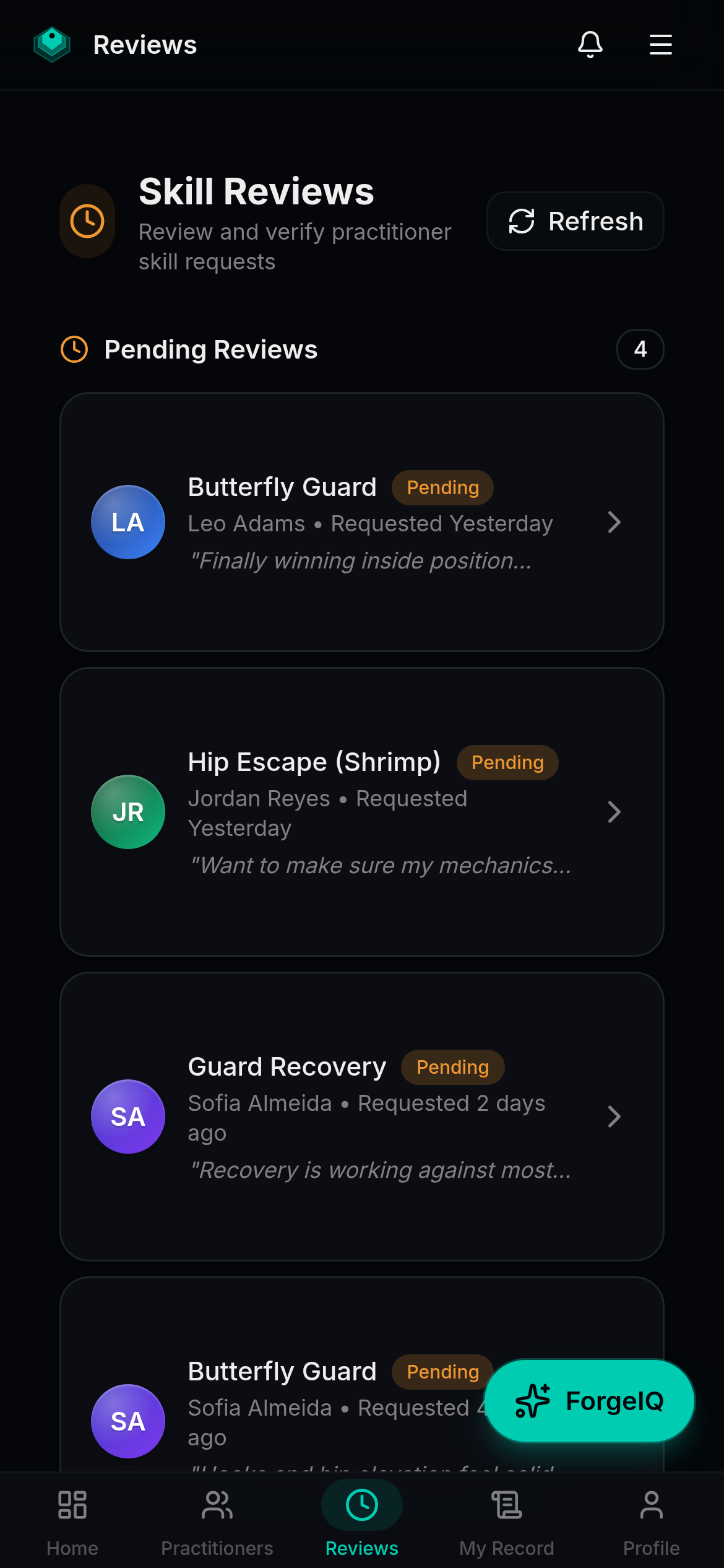 Forgement skill verification queue with pending practitioner requests, notes, and verify actions