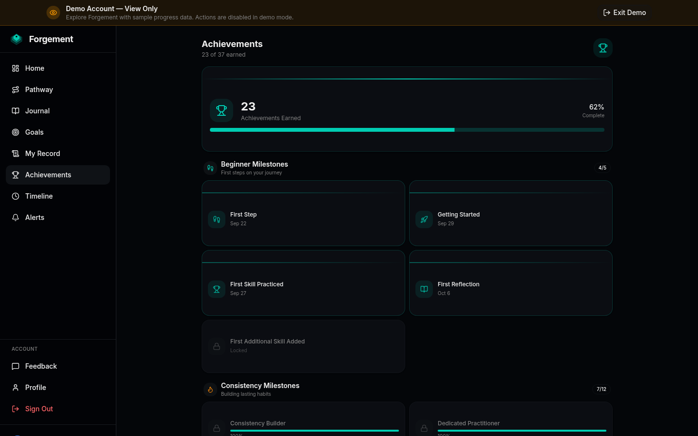 Forgement achievements screen showing earned milestones across consistency, verification, and development