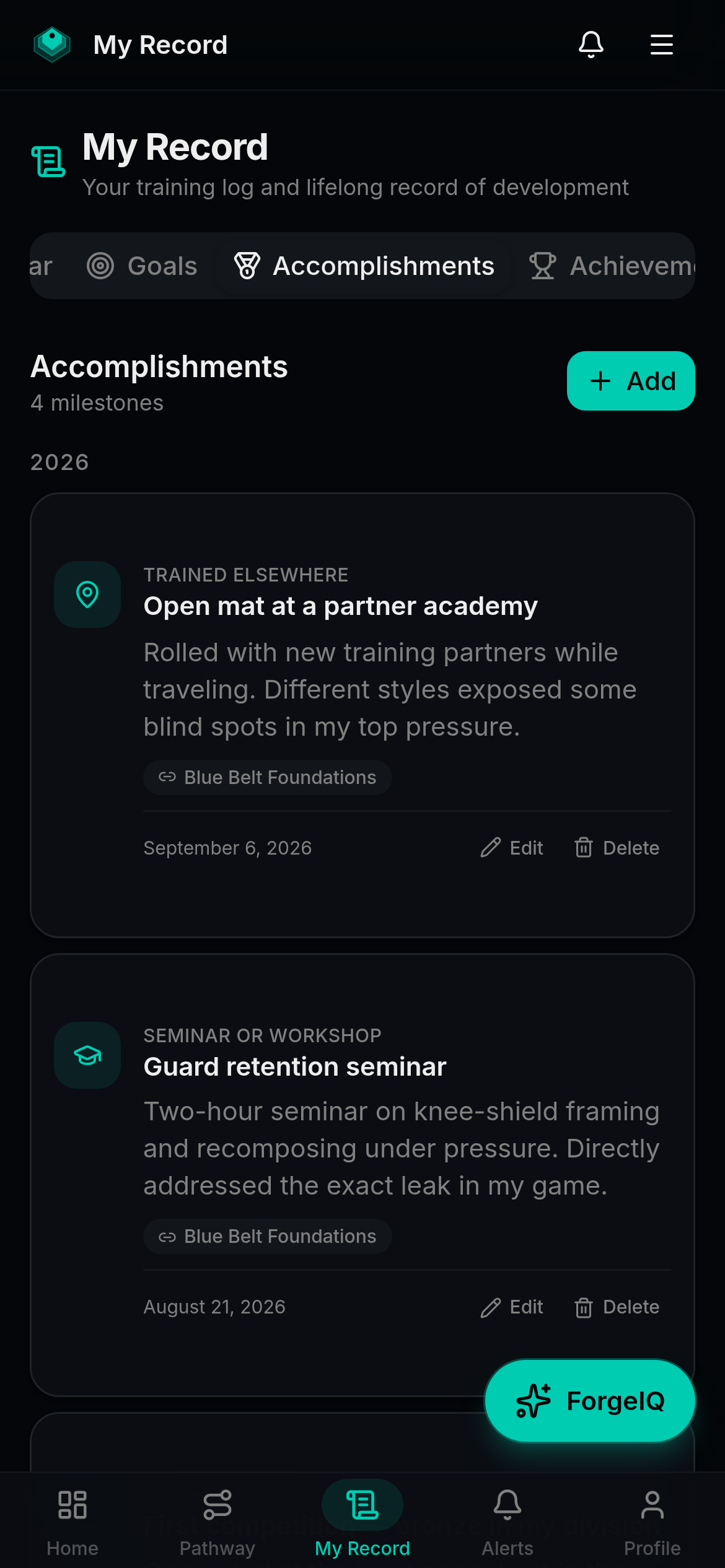 Forgement accomplishments screen showing logged milestones across consistency, verification, and development