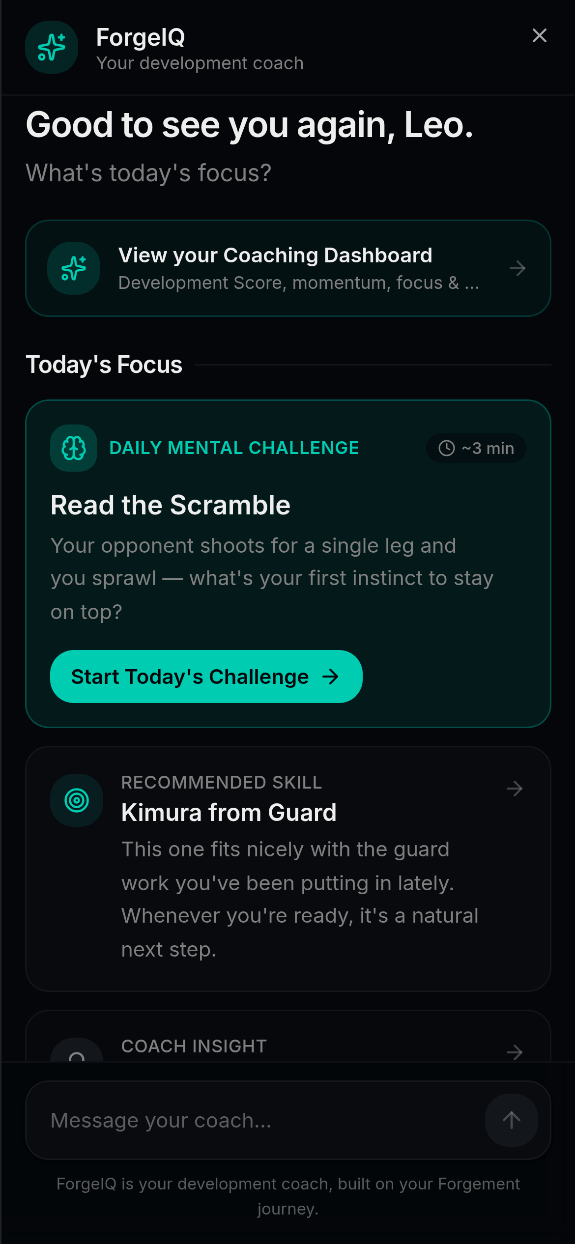 The ForgeIQ coach suggesting a recommended skill, a daily mental challenge, and an insight based on the member's activity
