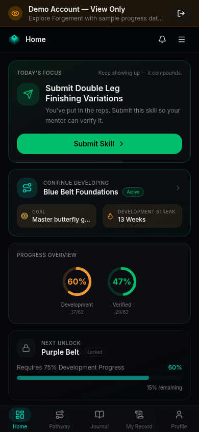Forgement mobile dashboard with today's focus, progress rings, and bottom tab navigation