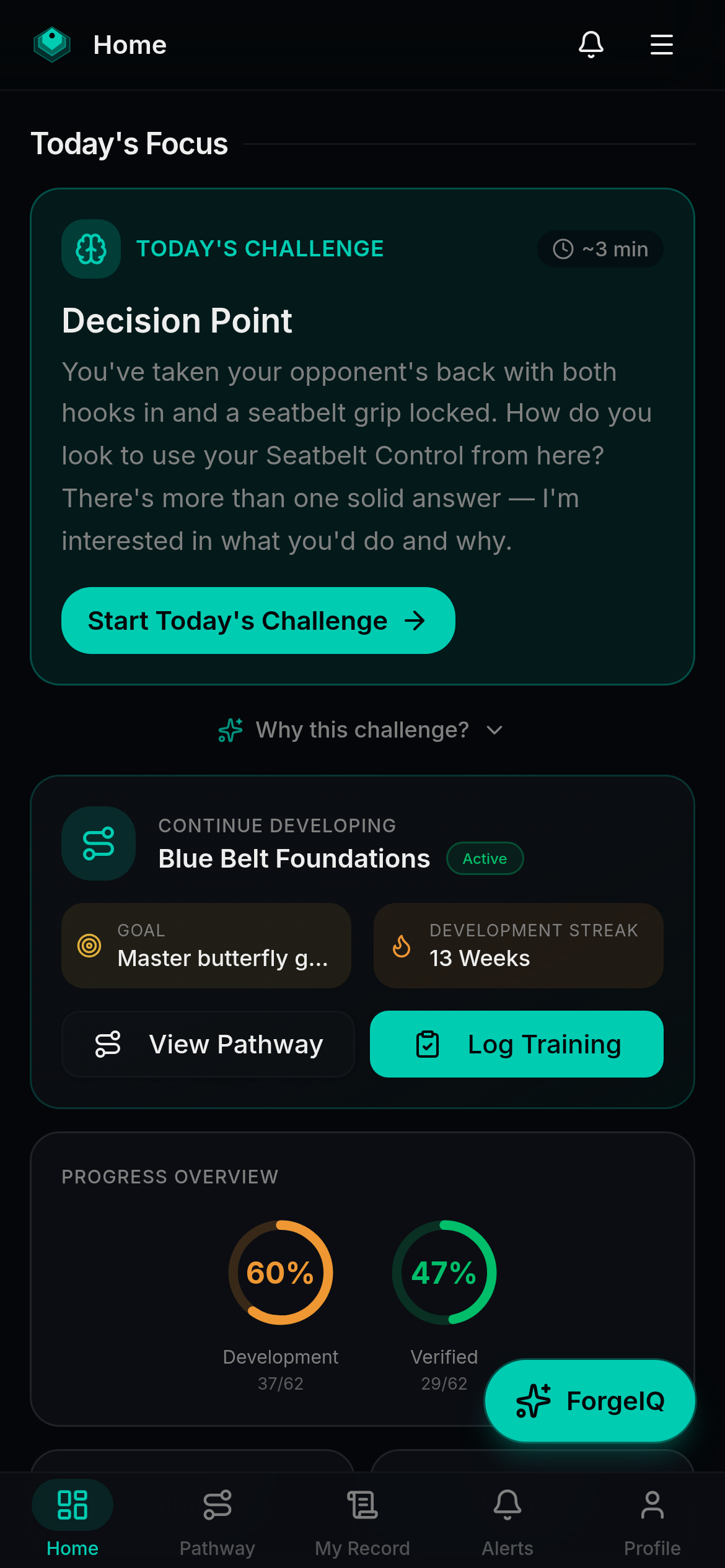 Forgement mobile dashboard with today's focus, progress rings, and bottom tab navigation