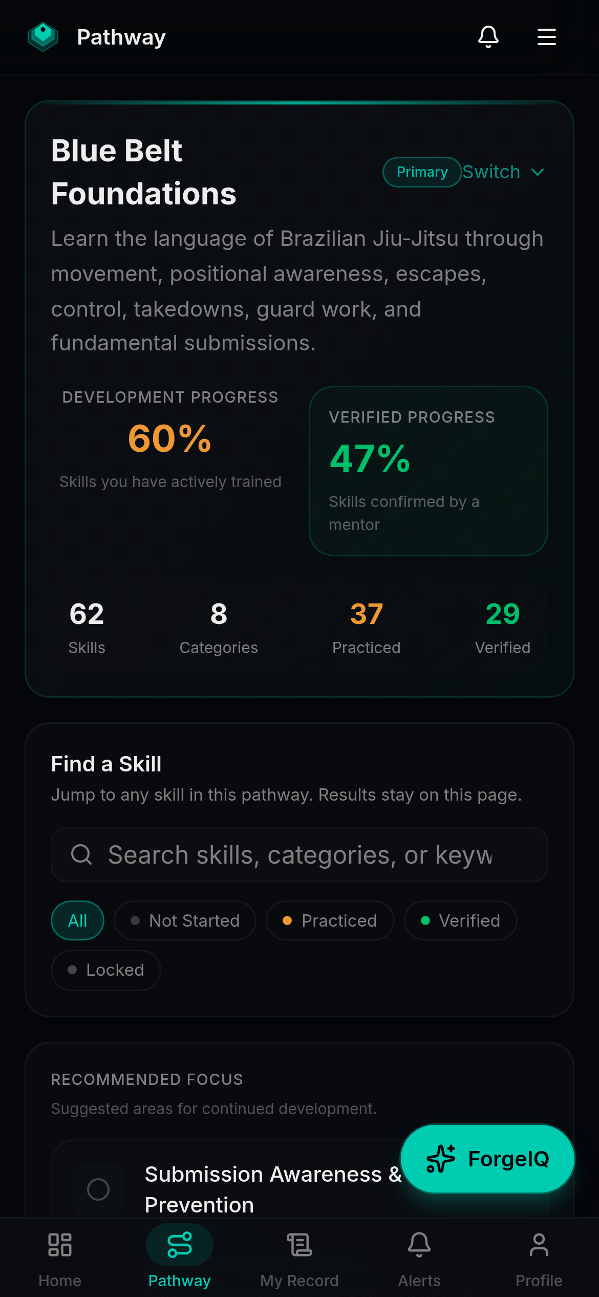 Forgement structured Pathway showing categories, skills, and verified progress across a Blue Belt Pathway