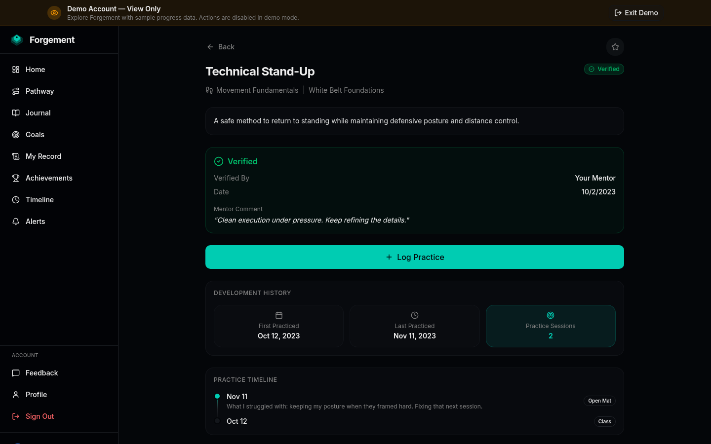 Forgement verified skill detail with mentor comment, development history, and practice timeline