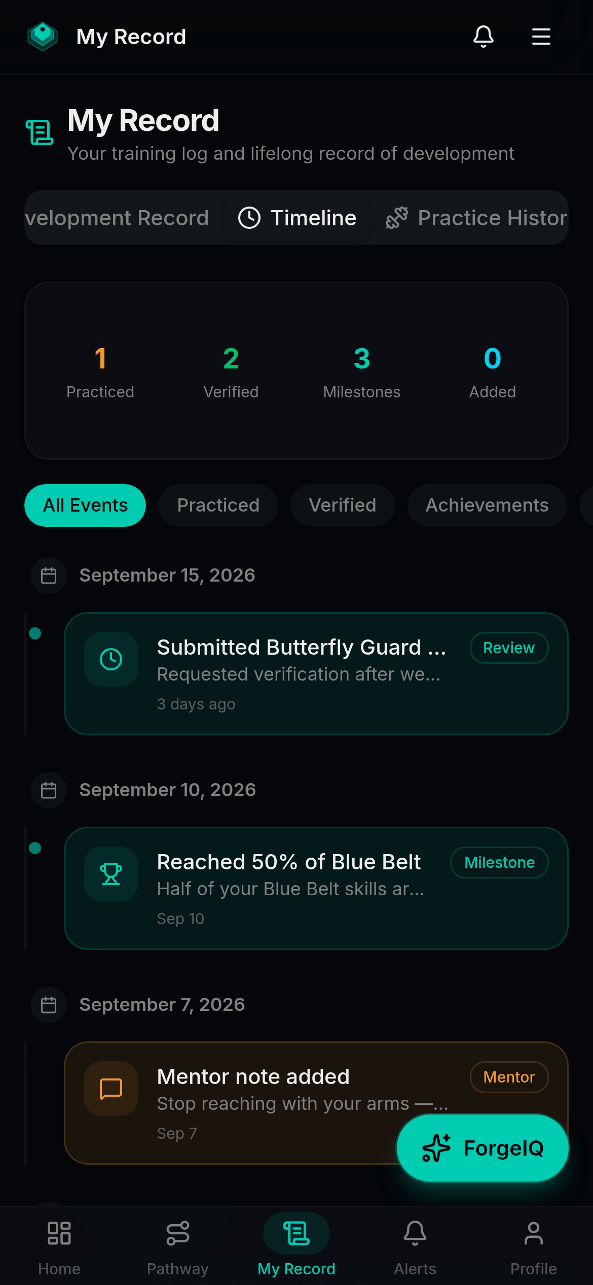 Forgement development timeline showing a filterable feed of practiced, verified, and milestone events